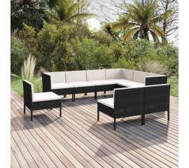 Set mobilier de grădină cu perne, 9 piese, negru, poliratan