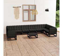 Set mobilier grădină cu perne, 11 piese, negru, lemn masiv pin