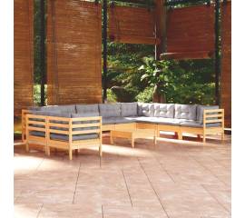 Set mobilier de grădină cu perne, 11 piese, gri, lemn masiv pin
