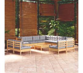Set mobilier de grădină cu perne, 12 piese, gri, lemn masiv pin