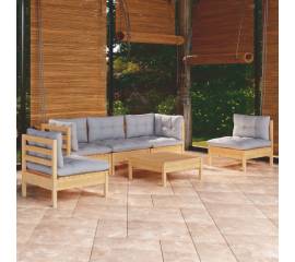 Set mobilier grădină cu perne, 6 piese, gri, lemn masiv pin