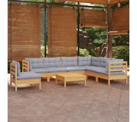 Set mobilier grădină cu perne, 8 piese, gri, lemn masiv pin