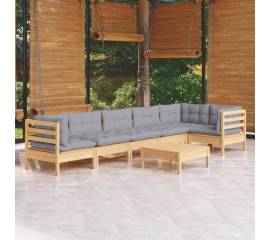 Set mobilier grădină cu perne gri, 7 piese, lemn masiv pin