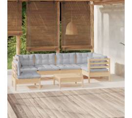 Set mobilier grădină cu perne gri, 7 piese, lemn masiv pin