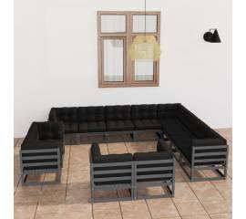 Set mobilier de grădină cu perne, 12 piese, gri, lemn masiv pin