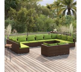 Set mobilier de grădină cu perne, 12 piese, maro, poliratan