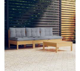 Set mobilier grădină cu perne gri, 4 piese, lemn de pin