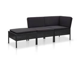 Set mobilier de grădină cu perne, 3 piese, negru, poliratan