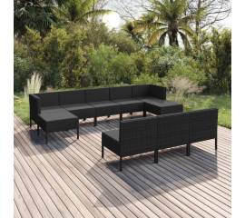 Set mobilier de grădină cu perne, 10 piese, negru, poliratan