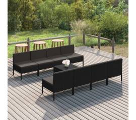 Set mobilier de grădină cu perne, 9 piese, negru, poliratan