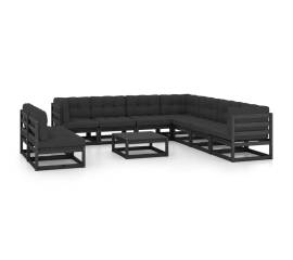 Set mobilier grădină cu perne, 10 piese, negru, lemn masiv pin