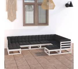 Set mobilier de grădină cu perne, 9 piese, alb, lemn masiv pin