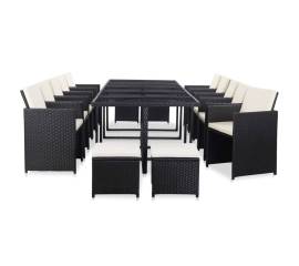 Set mobilier de exterior cu perne, 15 piese, negru, poliratan