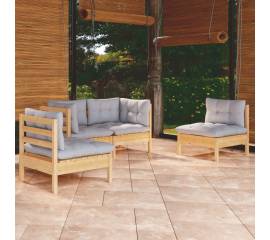Set mobilier de grădină cu perne, 4 piese, gri, lemn masiv pin