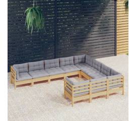 Set mobilier grădină cu perne, 10 piese, gri, lemn de pin