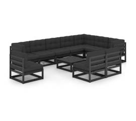 Set mobilier grădină cu perne, 11 piese, negru, lemn masiv pin