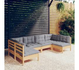 Set mobilier grădină cu perne, 6 piese, gri, lemn masiv pin