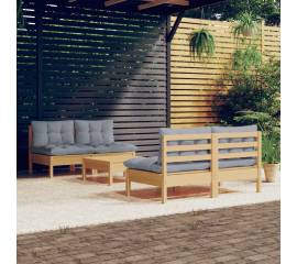 Set mobilier grădină cu perne gri, 5 piese, lemn de pin