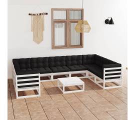 Set mobilier de grădină cu perne, 10 piese, alb, lemn masiv pin