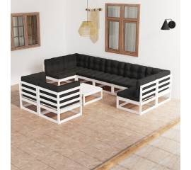 Set mobilier de grădină cu perne, 10 piese, alb, lemn masiv pin