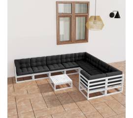 Set mobilier de grădină cu perne, 10 piese, alb, lemn masiv pin