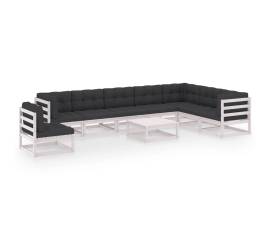 Set mobilier de grădină cu perne, 9 piese, alb, lemn masiv pin