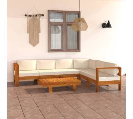 Set mobilier grădină perne alb/crem, 7 piese, lemn masiv acacia