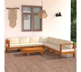 Set mobilier grădină perne alb crem, 8 piese, lemn masiv acacia