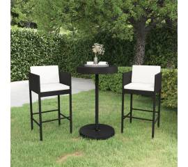 Set mobilier bar de grădină cu perne, 3 piese, negru, poliratan