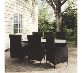 Set mobilier de exterior cu perne, 7 piese, negru, poliratan