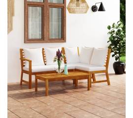 Set mobilier de grădină, 4 piese, perne crem, lemn masiv acacia