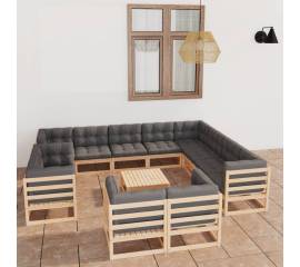 Set mobilier de grădină cu perne, 13 piese, lemn masiv de pin