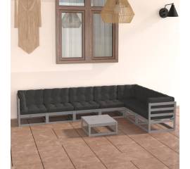 Set mobilier de grădină cu perne, 8 piese,gri,lemn masiv de pin