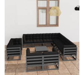 Set mobilier de grădină cu perne,12 piese,gri,lemn masiv de pin