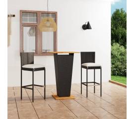 Set mobilier bar de grădină cu perne, 3 piese, negru, poliratan