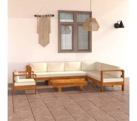 Set mobilier grădină perne alb/crem, 8 piese, lemn masiv acacia