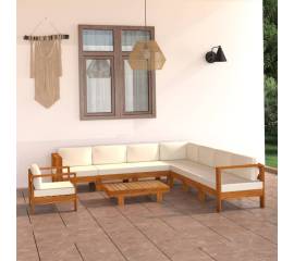 Set mobilier grădină perne alb crem, 9 piese, lemn masiv acacia