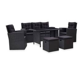 Set mobilier de grădină cu perne, 6 piese, negru, poliratan