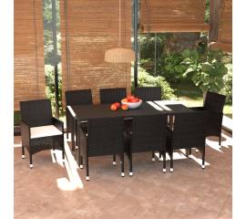 Set mobilier de grădină cu perne, 9 piese, negru, poliratan