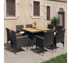 Set mobilier de grădină, 9 piese, negru, poliratan/lemn acacia