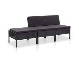 Set mobilier de grădină cu perne, 3 piese, negru, poliratan