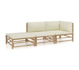 Set mobilier de grădină cu perne alb crem, 3 piese, bambus