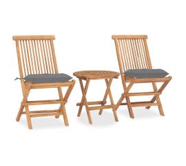 Set mobilier pliabil exterior cu perne 3 piese, lemn masiv tec