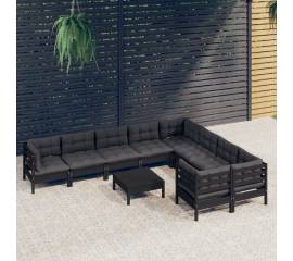 Set mobilier grădină cu perne, 10 piese, negru, lemn de pin