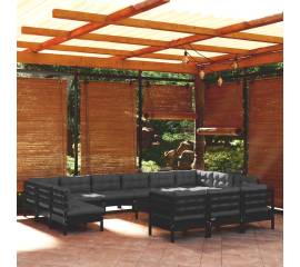 Set mobilier grădină cu perne, 14 piese, negru, lemn de pin