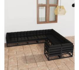 Set mobilier grădină cu perne, 9 piese, negru, lemn masiv pin