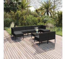 Set mobilier de grădină cu perne, 10 piese, negru, poliratan