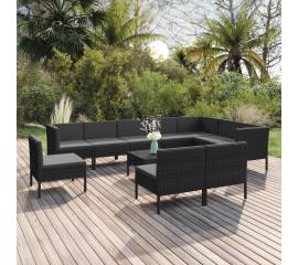 Set mobilier de grădină cu perne, 11 piese, negru, poliratan