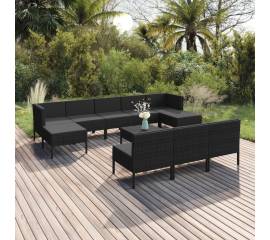 Set mobilier de grădină cu perne, 11 piese, negru, poliratan