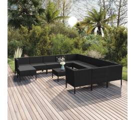 Set mobilier de grădină cu perne, 13 piese, negru, poliratan